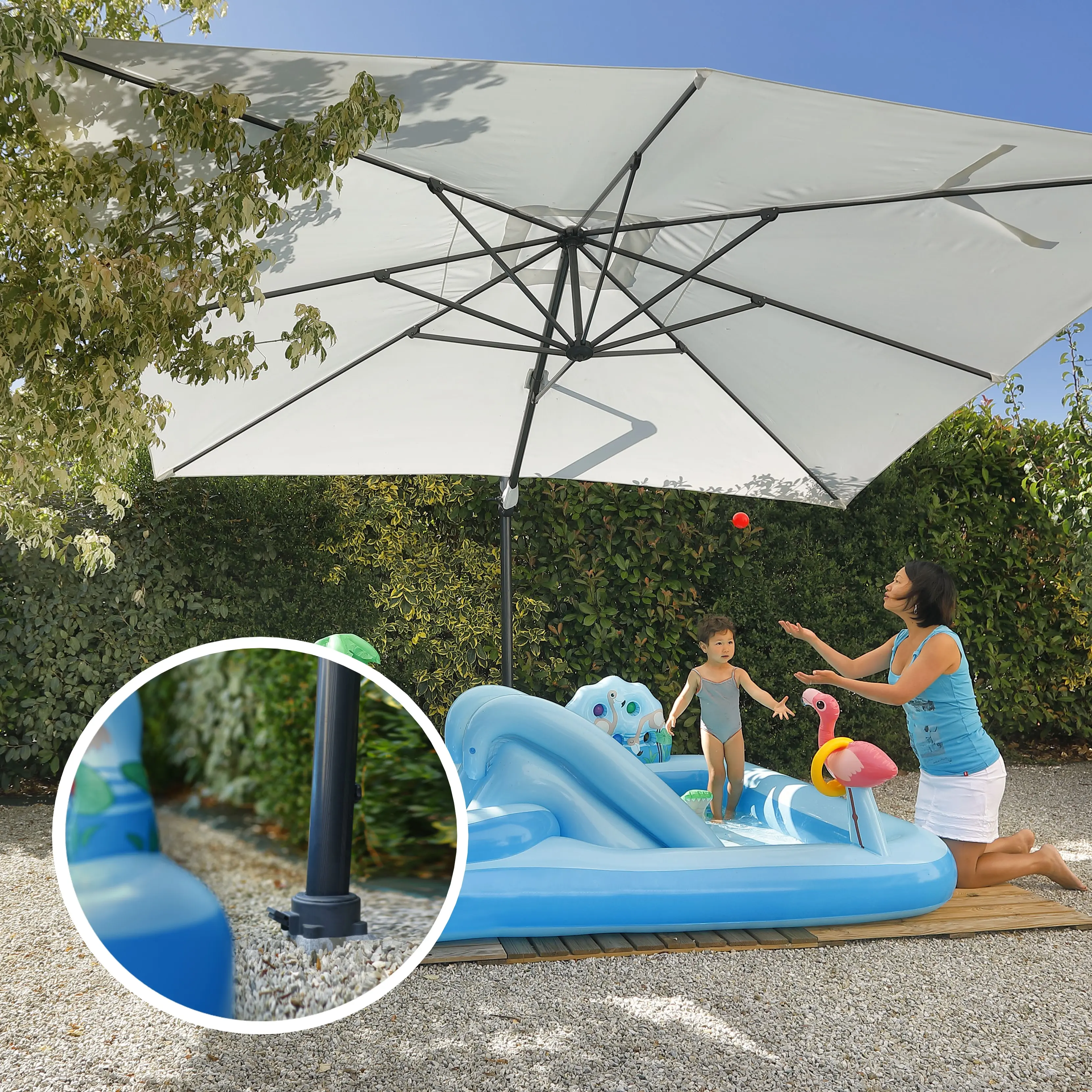 Cantilever parasol shading a children’s pool from harmful UV rays