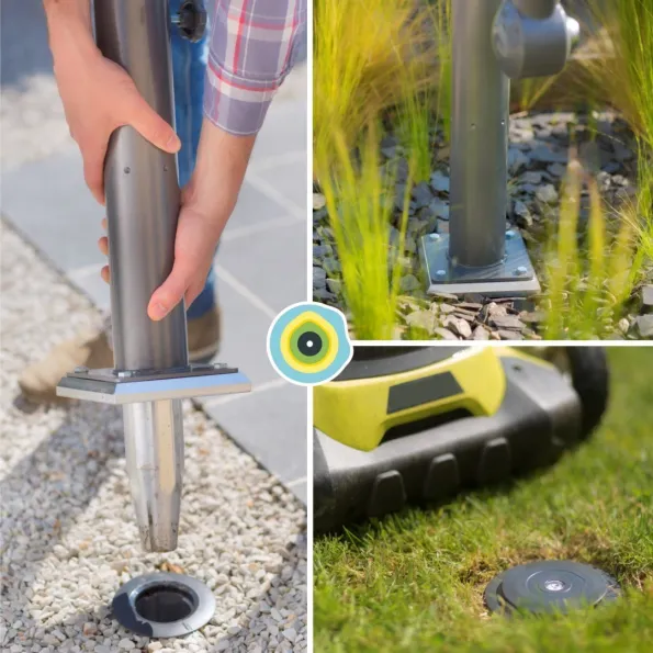 Fixation parasol déporté au ras du sol sans dalle de lestage Gard&Rock