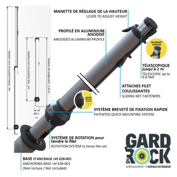 Gard & Rock telescopic anodized aluminum poles for tennis, badminton, volleyball