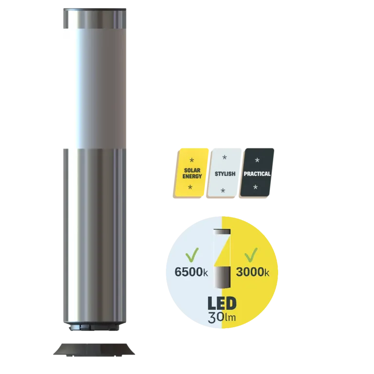 Solar light being clipped onto its base, autonomous energy, sleek and practical design, pictograms visible.