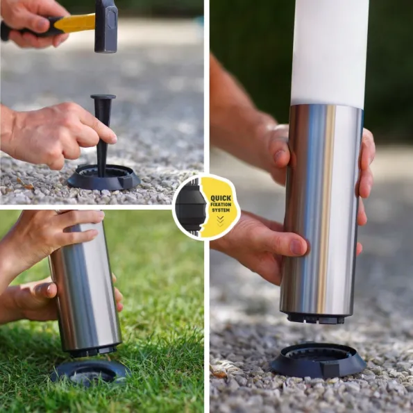 Quick installation of a solar bollard to clip or stake into the ground, no wiring or digging required