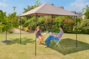 Fixing system for gazebo without ballast slabs or bulky feet