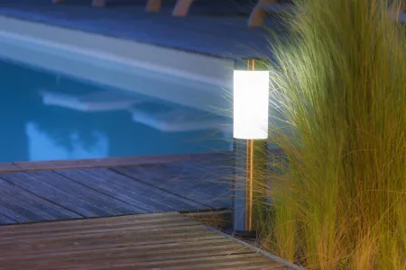 Cordless solar lamp for garden, patio or poolside, portable and freestanding, no wiring needed.