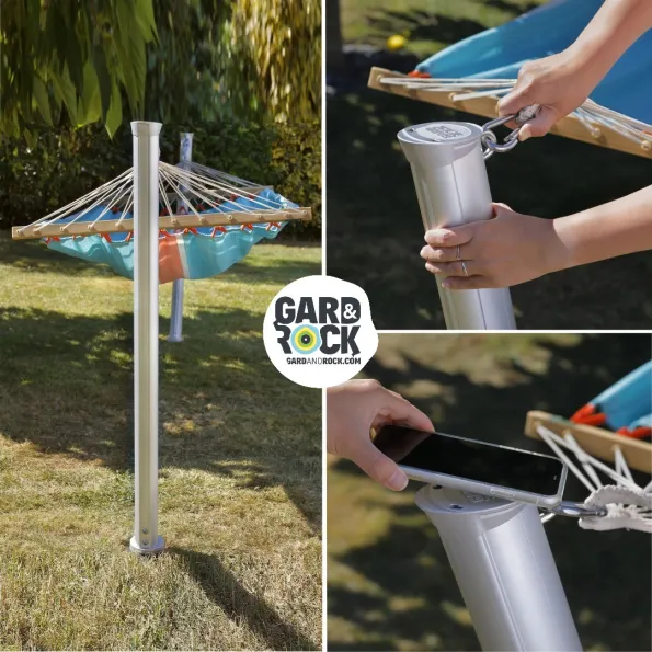 Poteau hamac design en aluminium, alliance de robustesse et d’esthétique pour jardin moderne.