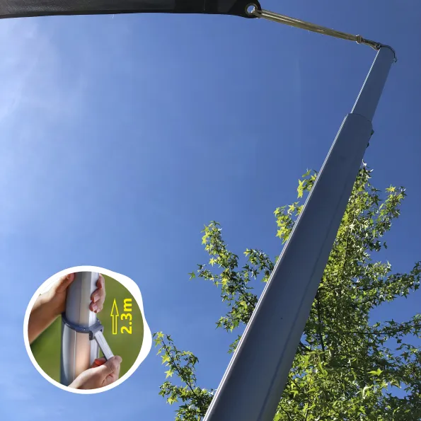 Portable telescopic pole for stretched solar sail, stable support for shaded areas