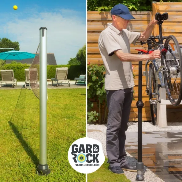 Ground anchoring for Gard & Rock tennis poles and bicycle workshop